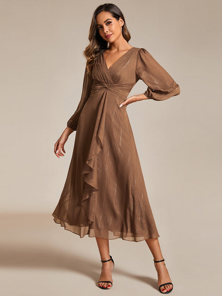 Color=Emperador | Shiny Chiffon Wholesale Wedding Guest Dresses with Long Sleeve-Emperador 3