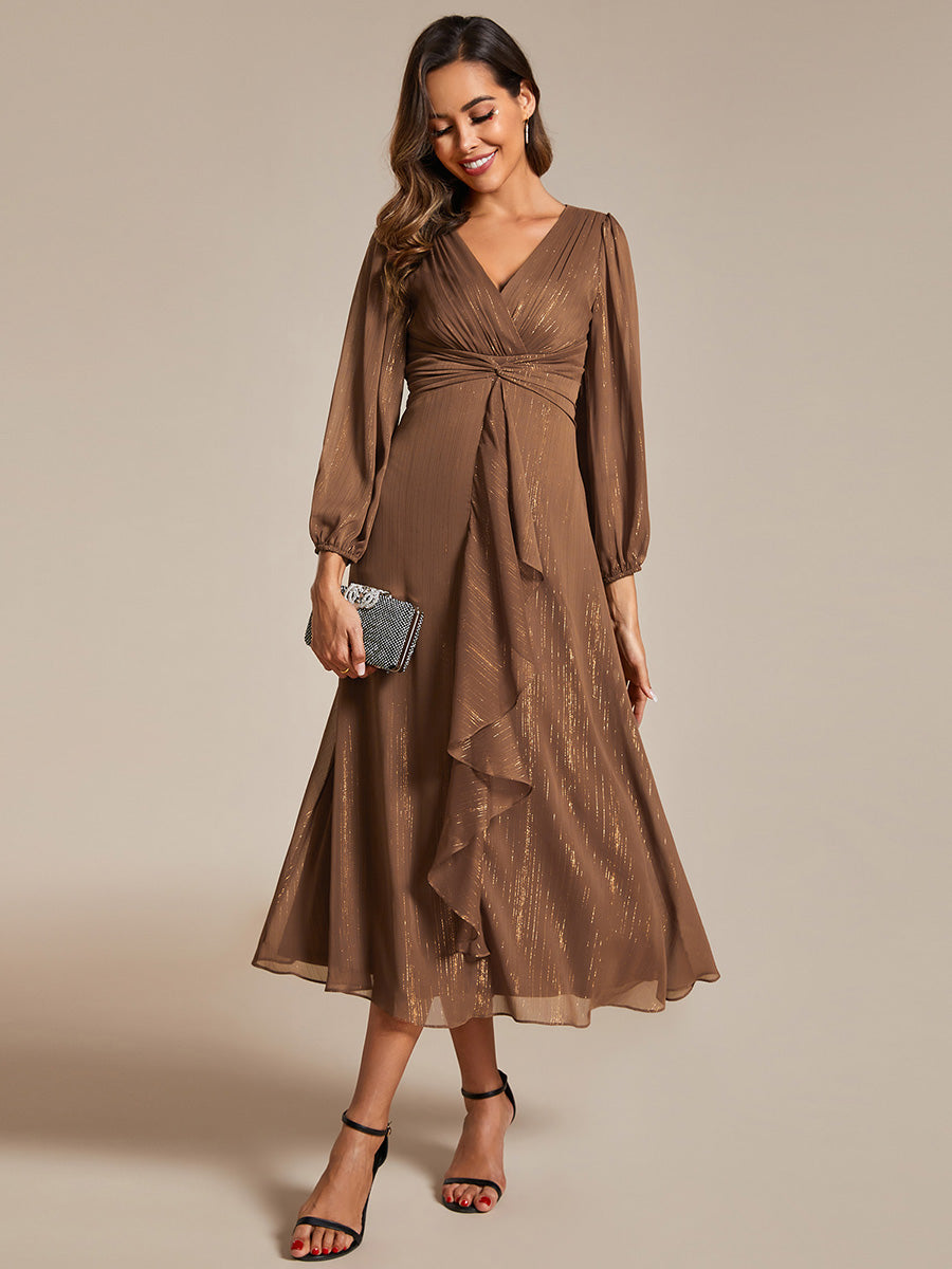 Color=Emperador | Shiny Chiffon Wholesale Wedding Guest Dresses with Long Sleeve-Emperador 4