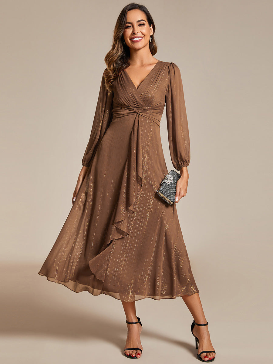 Color=Emperador | Shiny Chiffon Wholesale Wedding Guest Dresses with Long Sleeve-Emperador 1