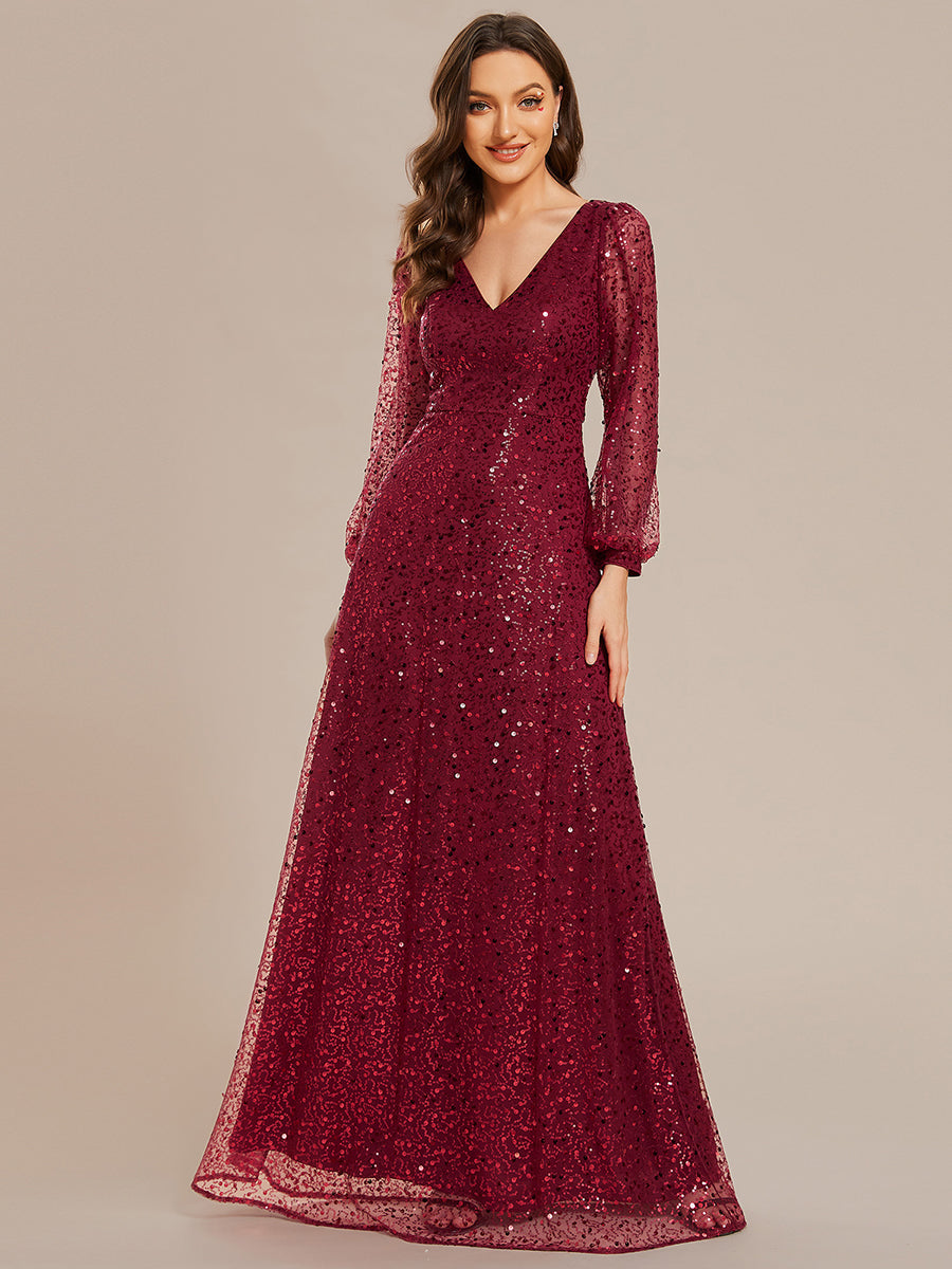Color=Burgundy | Elegant waisted chiffon V-neck long sleeve guest dress wholesale-Burgundy 3
