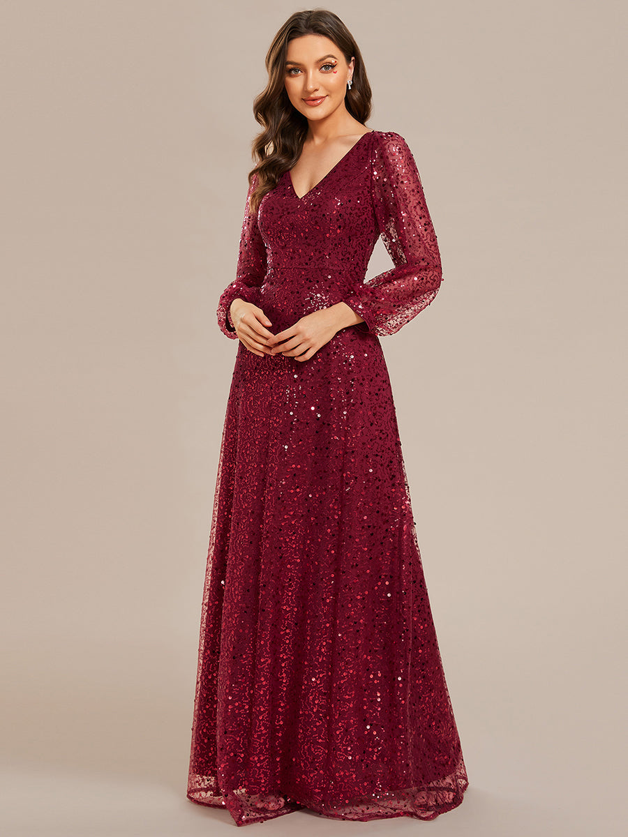 Color=Burgundy | Elegant waisted chiffon V-neck long sleeve guest dress wholesale-Burgundy 4