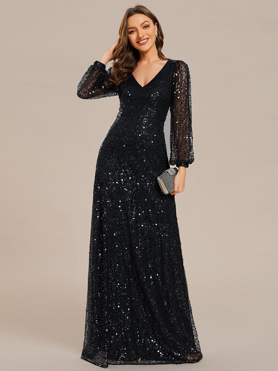 Color=Black | Elegant waisted chiffon V-neck long sleeve guest dress wholesale-Black 4