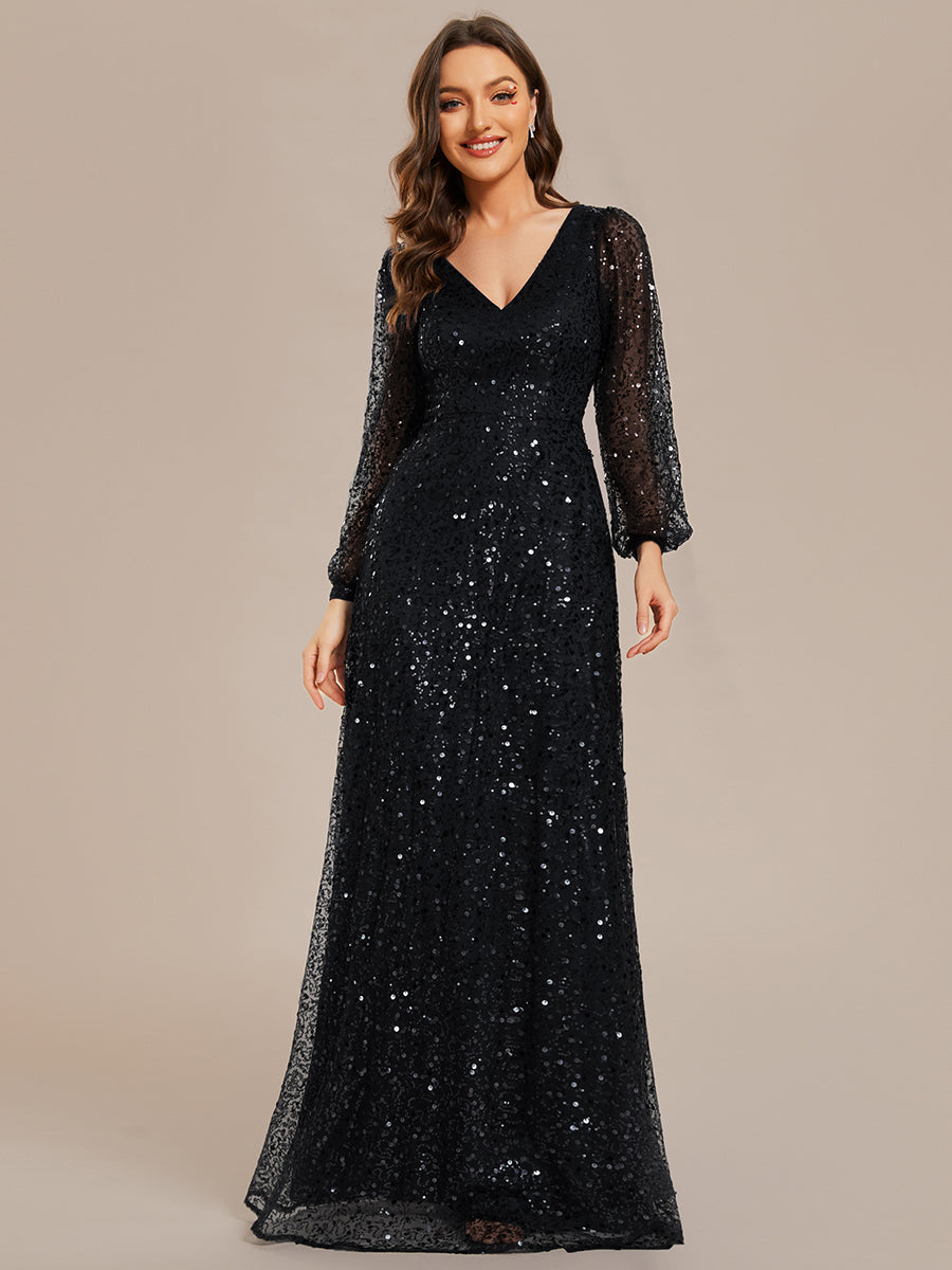 Color=Black | Elegant waisted chiffon V-neck long sleeve guest dress wholesale-Black 1
