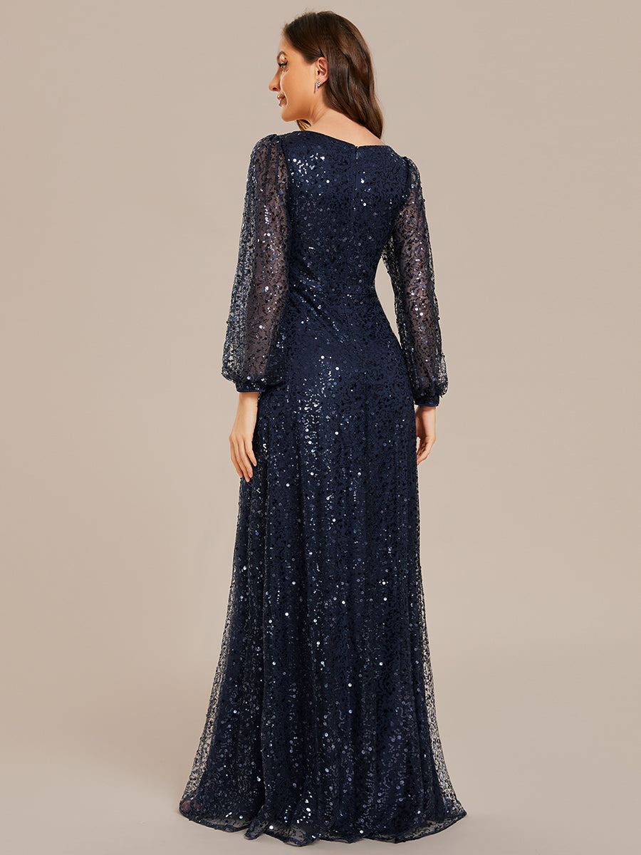 Color=Navy Blue | Elegant waisted chiffon V-neck long sleeve guest dress wholesale-Navy Blue 2