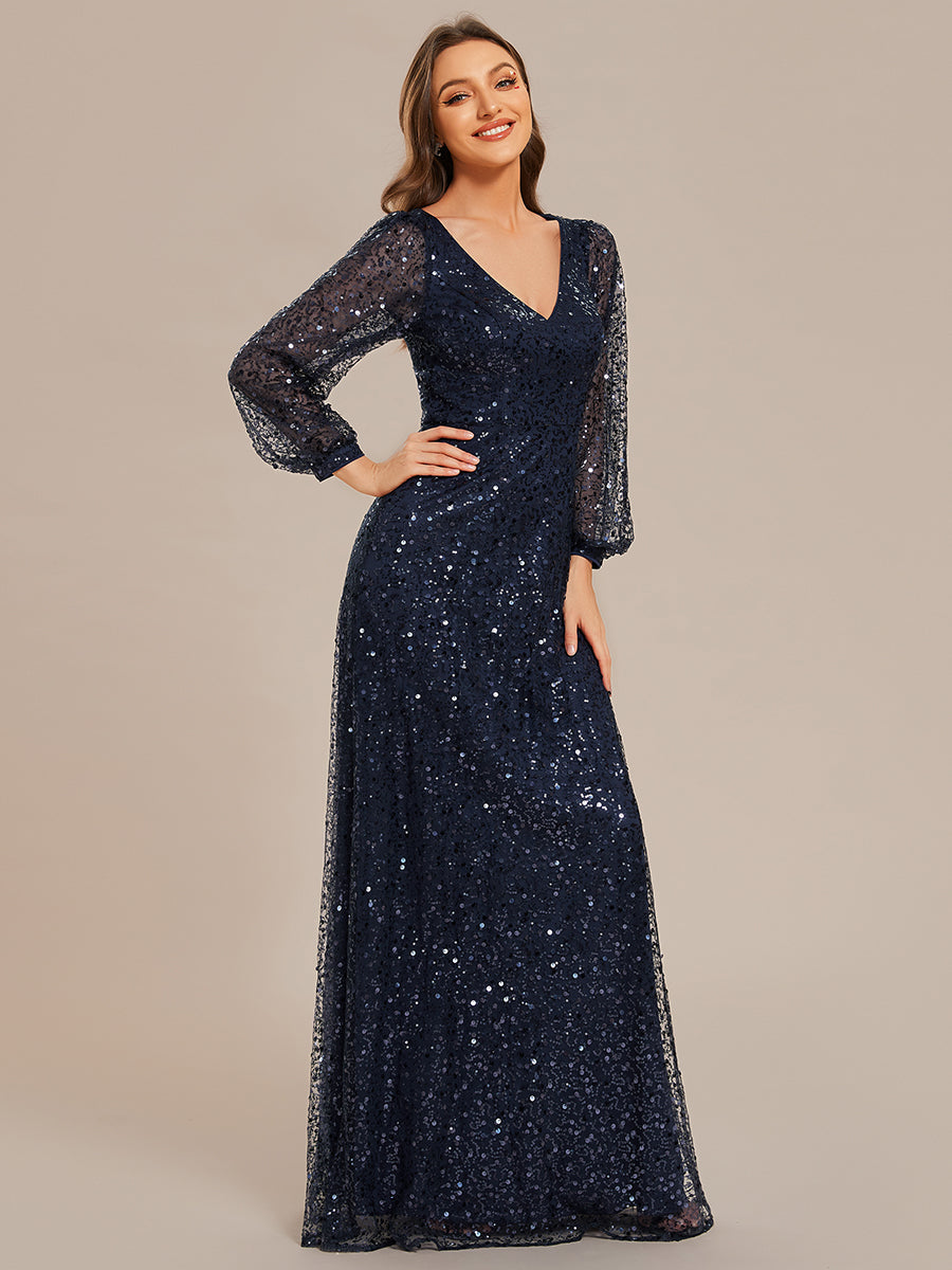 Color=Navy Blue | Elegant waisted chiffon V-neck long sleeve guest dress wholesale-Navy Blue 3