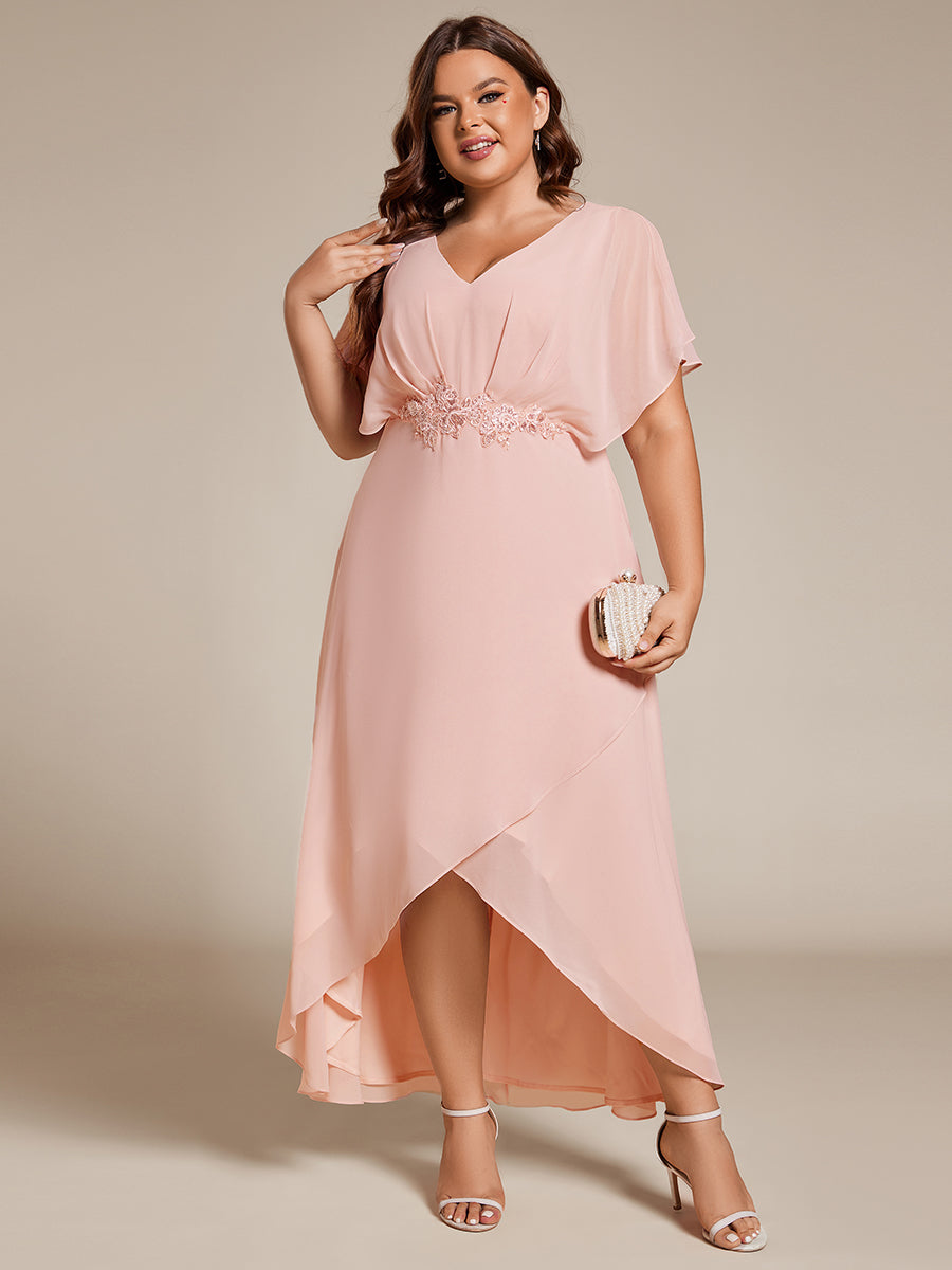 Plus Chiffon Appliques  High-low  Wholesale Evening Dress with Short Sleeves