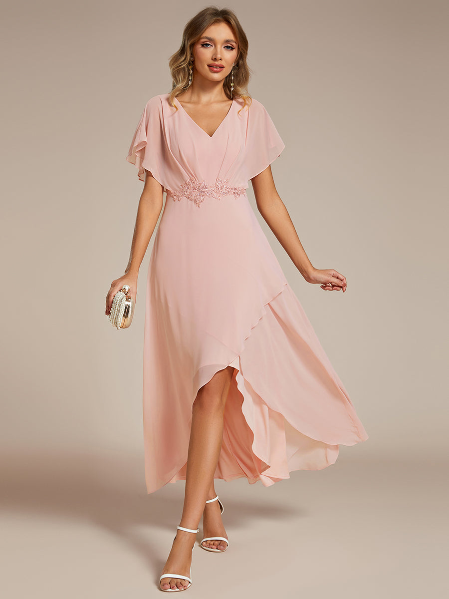 Chiffon Appliques  High-low  Wholesale Evening Dress with Short Sleeves