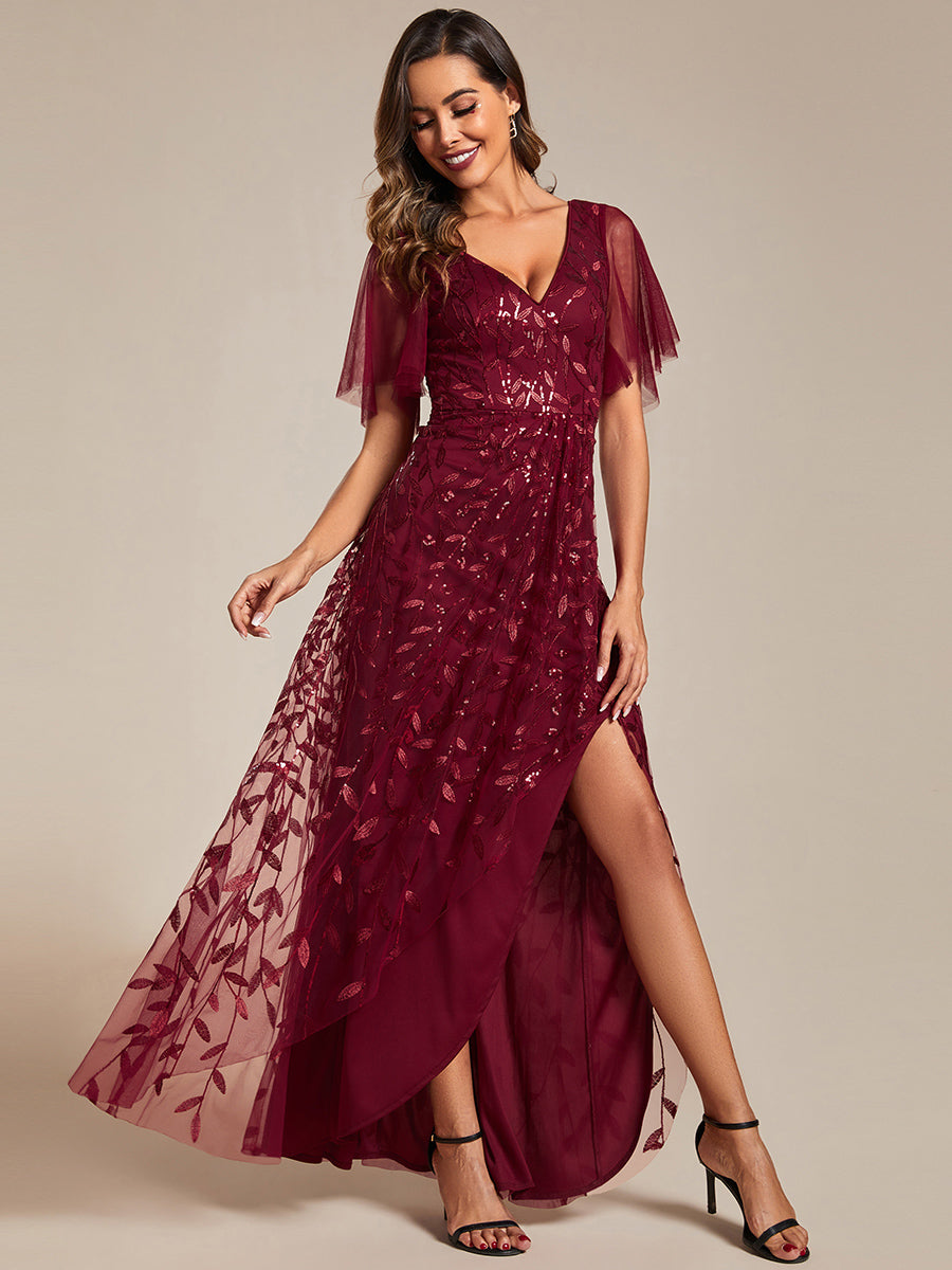 Color=Burgundy|Sequin Mesh High Low V-Neck Midi Evening Dress With Short Sleeves (Old SKU EE02083)-Burgundy 5