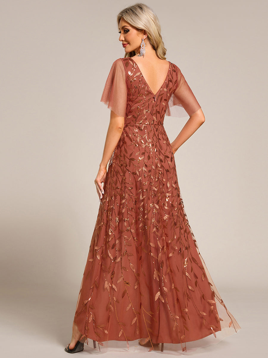 Color=Burnt Orange | Sequin Mesh High Low V-Neck Midi Evening Dress With Short Sleeves-Burnt Orange 2