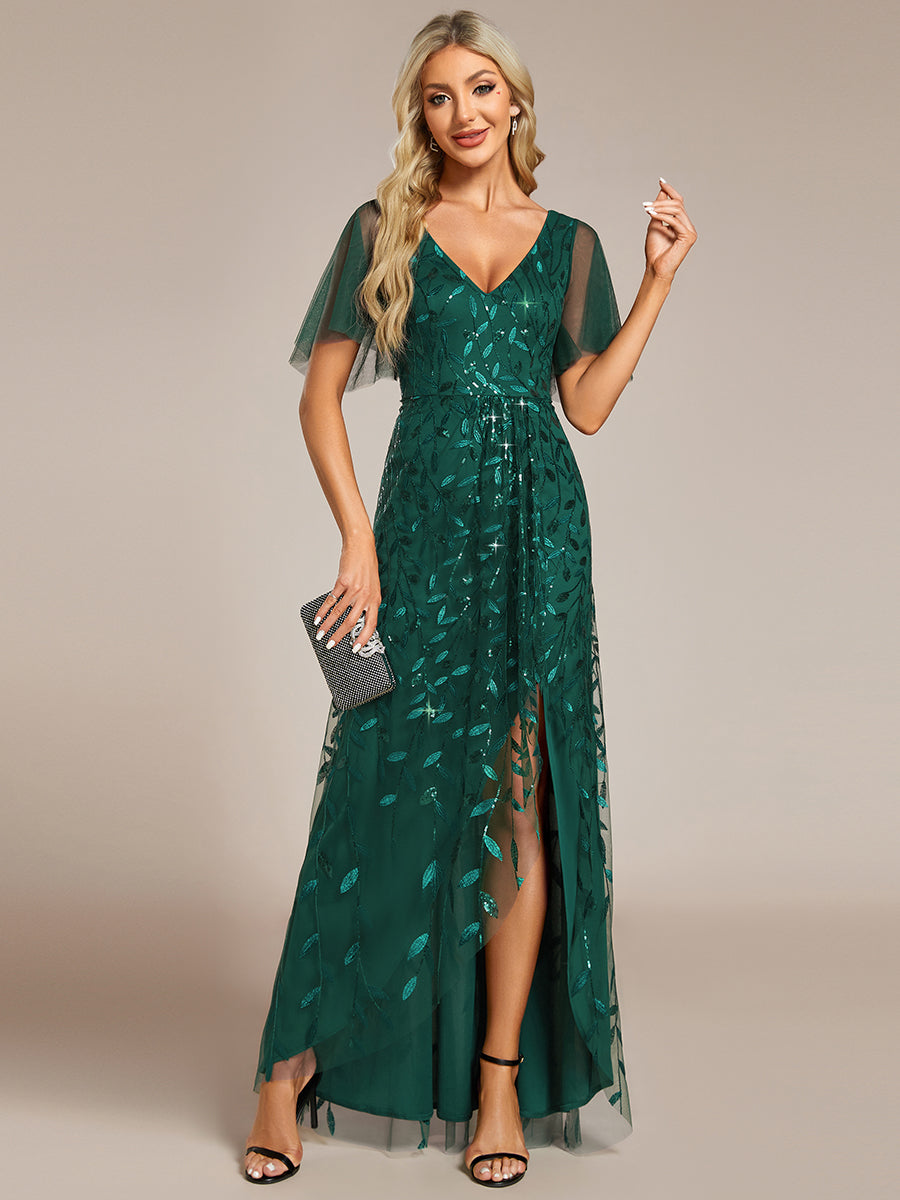 Color=Dark Green | Sequin Mesh High Low V-Neck Midi Evening Dress With Short Sleeves-Dark Green 5