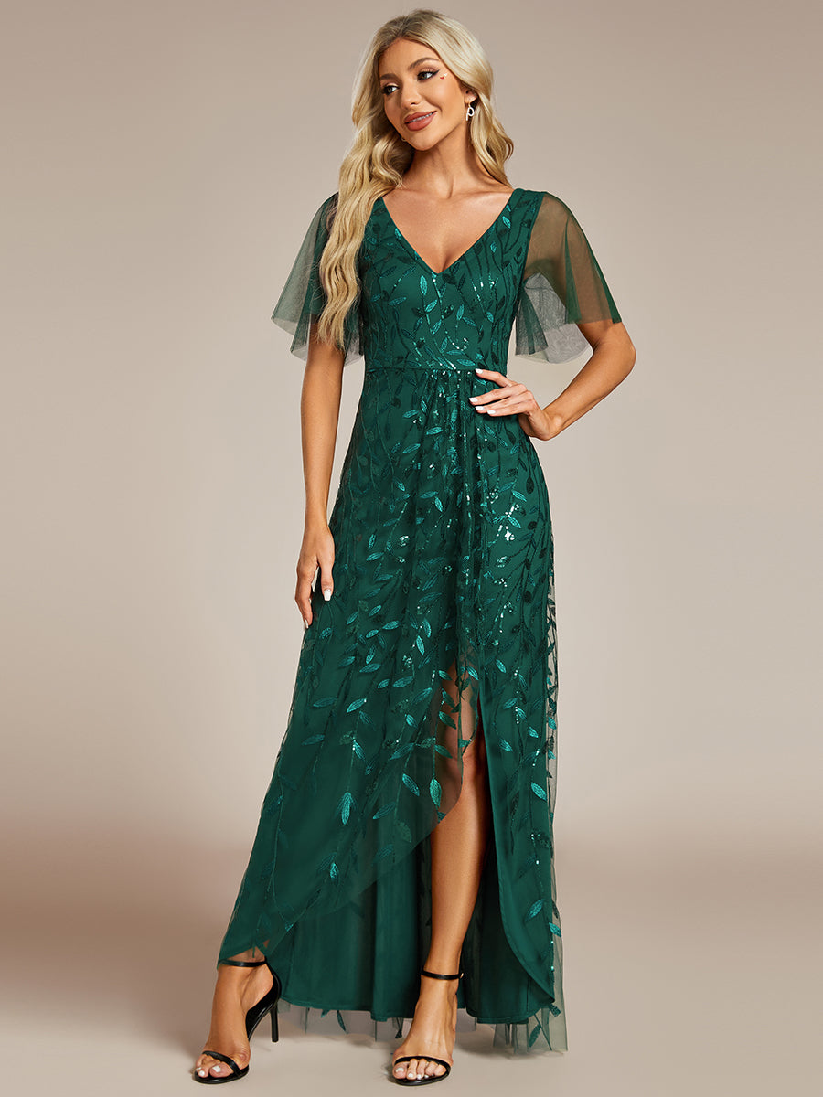 Color=Dark Green | Sequin Mesh High Low V-Neck Midi Evening Dress With Short Sleeves-Dark Green 1
