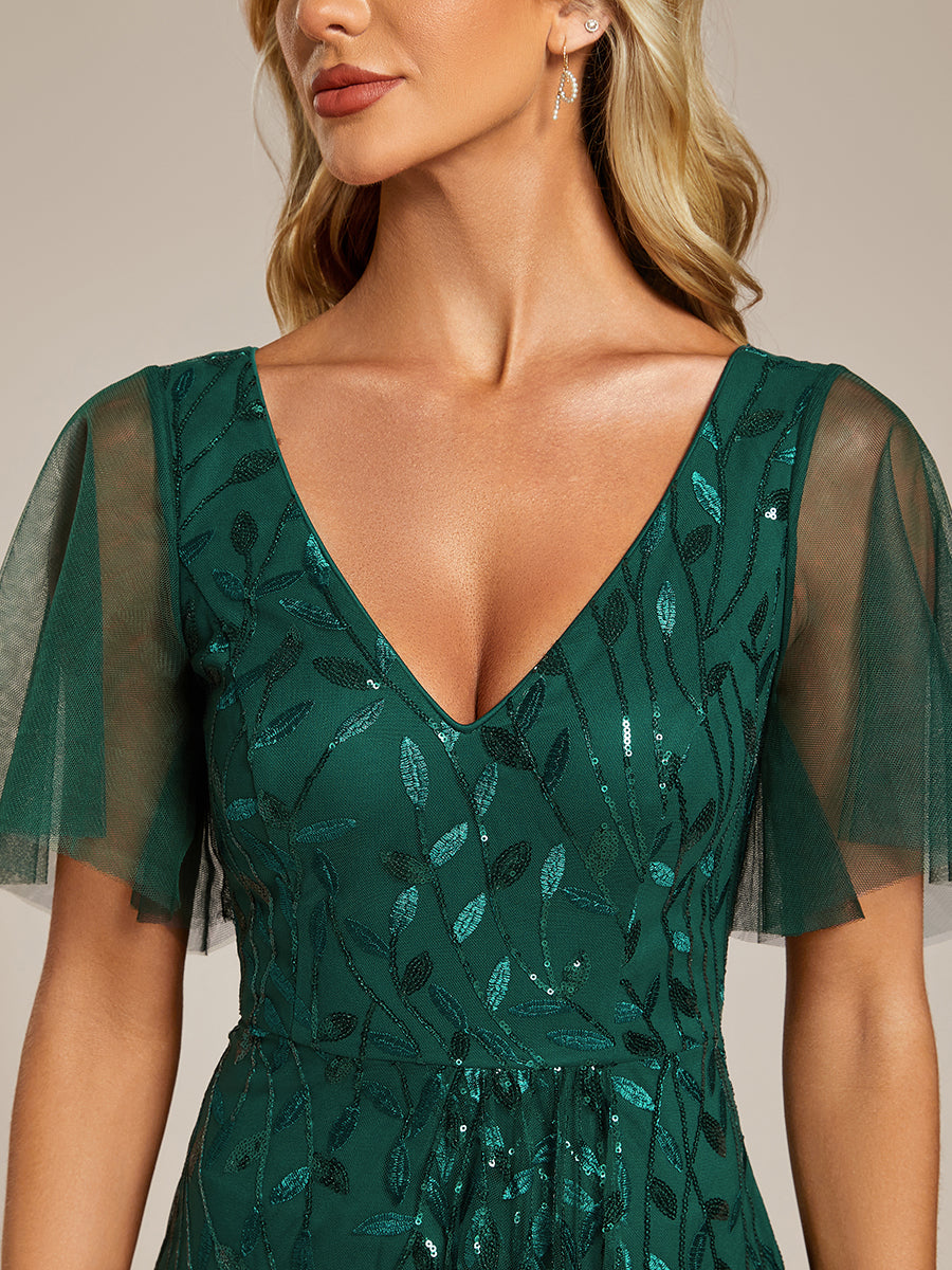 Color=Dark Green | Sequin Mesh High Low V-Neck Midi Evening Dress With Short Sleeves-Dark Green 2