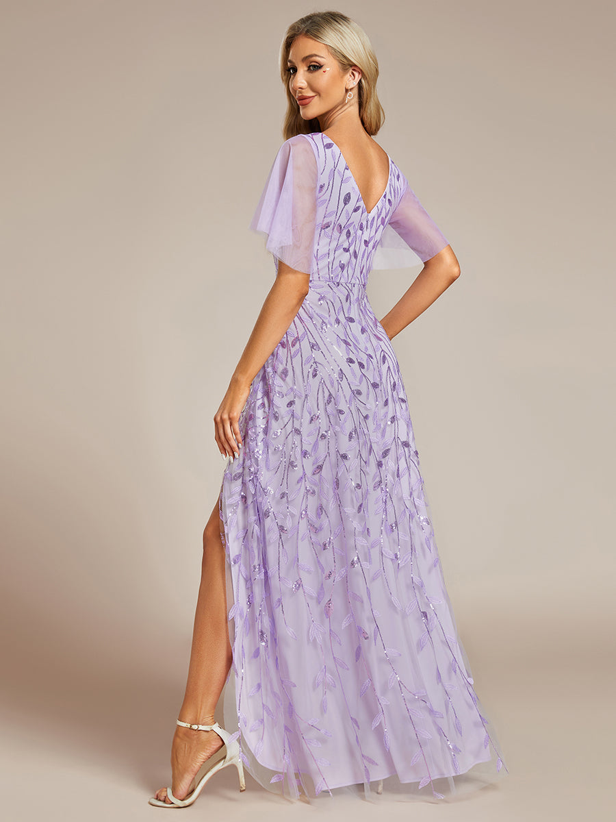 Color=Lavender | Sequin Mesh High Low V-Neck Midi Evening Dress With Short Sleeves-Lavender 2