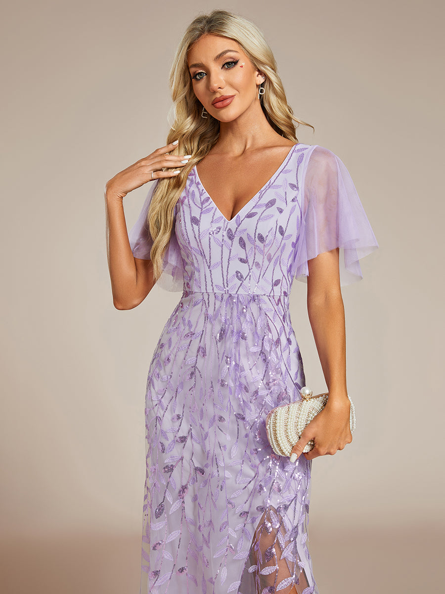 Color=Lavender | Sequin Mesh High Low V-Neck Midi Evening Dress With Short Sleeves-Lavender 5