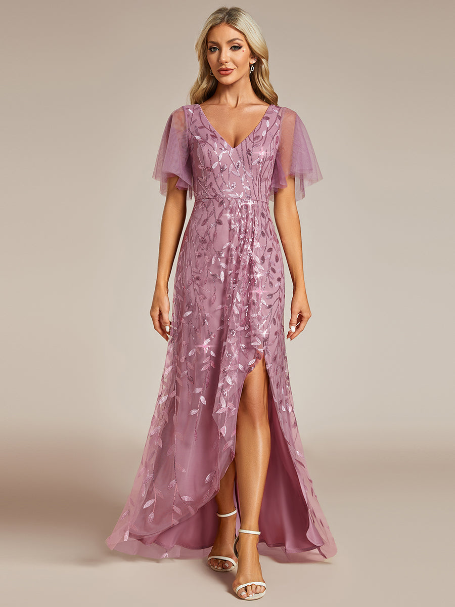 Color=Orchid | Sequin Mesh High Low V-Neck Midi Evening Dress With Short Sleeves-Orchid 1