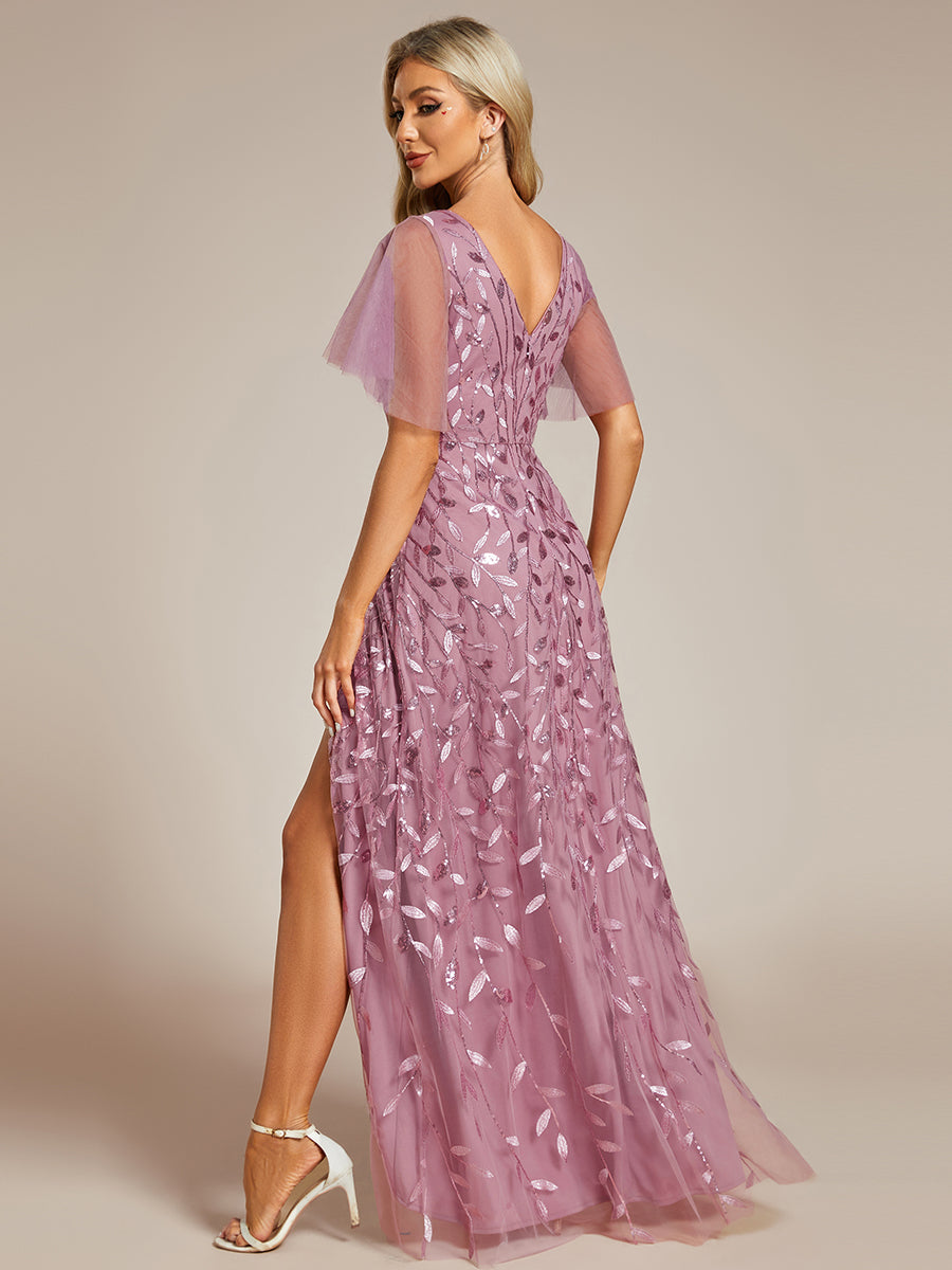 Color=Purple Orchid | Sequin Mesh High Low V-Neck Midi Evening Dress With Short Sleeves-Purple Orchid 2