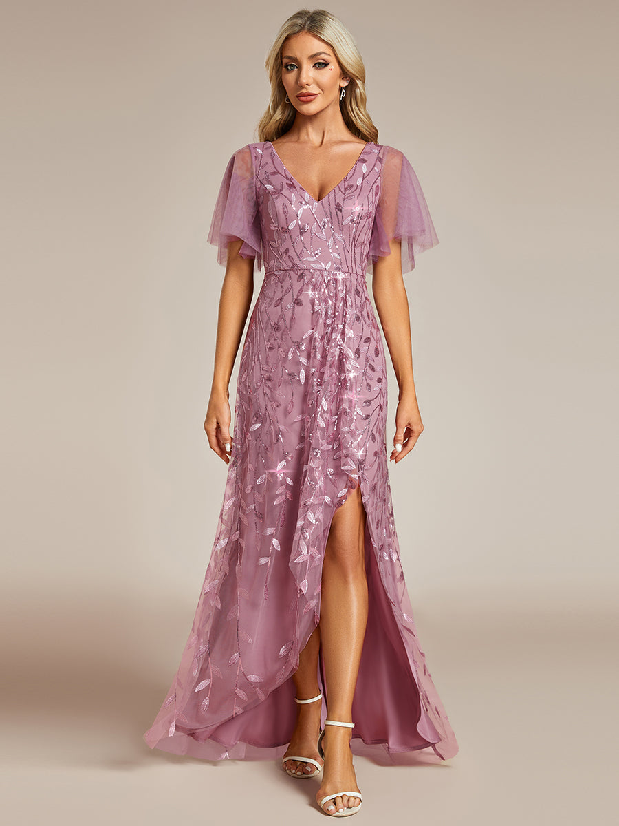 Color=Purple Orchid | Sequin Mesh High Low V-Neck Midi Evening Dress With Short Sleeves-Purple Orchid 5