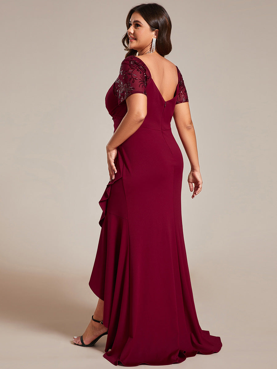 Color=Burgundy | Plus Appliques High Split Fishtail Evening Dress With Short Sleeves-Burgundy 2