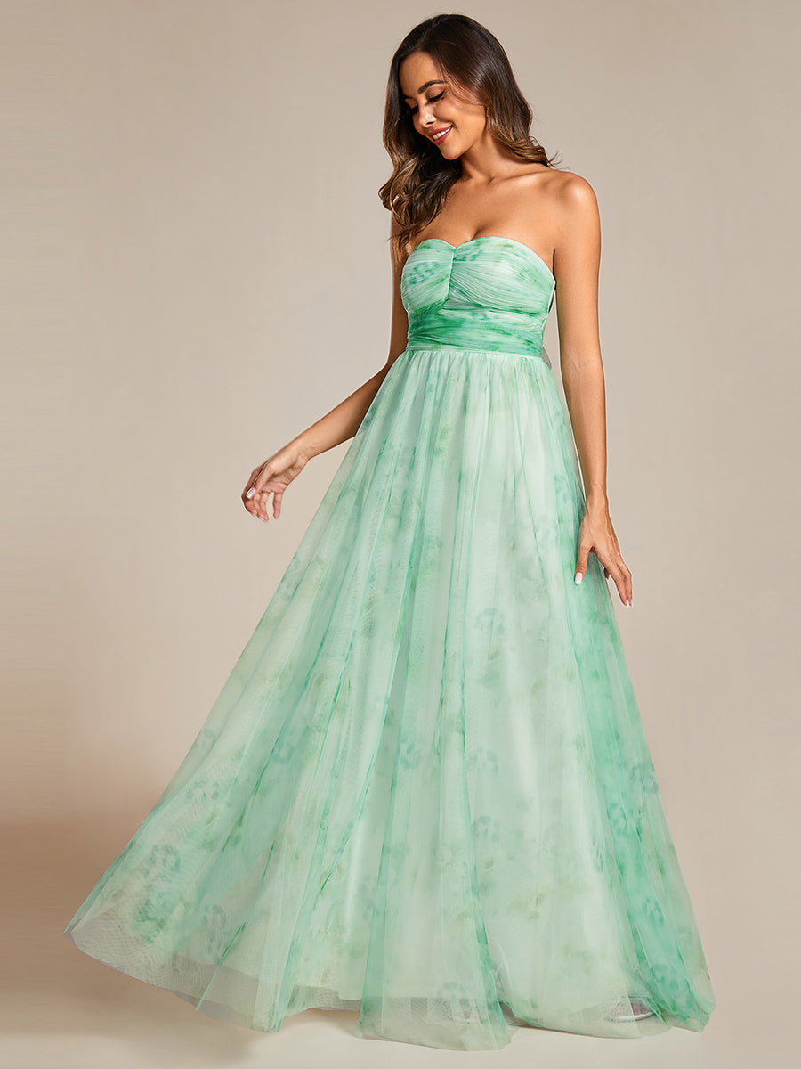 Color=Mint Green | Printed Bowknot Empire Waist Strapless Formal Evening Dress-Mint Green 8