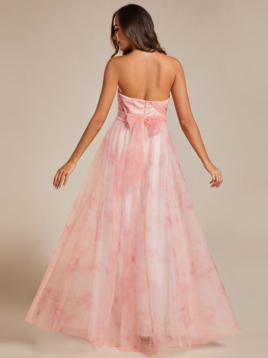 Color=Pink | Printed Bowknot Empire Waist Strapless Formal Evening Dress-Pink