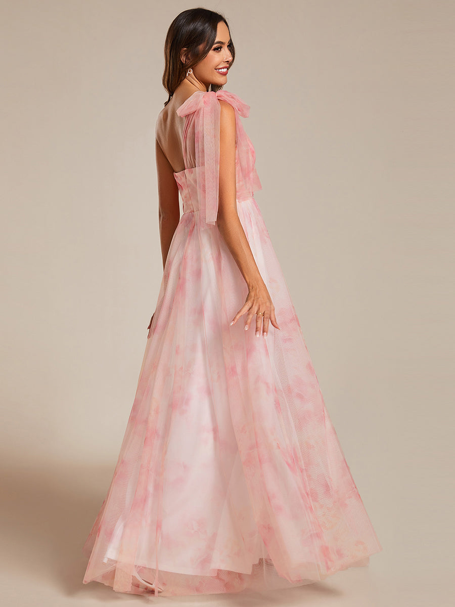 Color=Pink | Printed Bowknot Empire Waist Strapless Formal Evening Dress-Pink