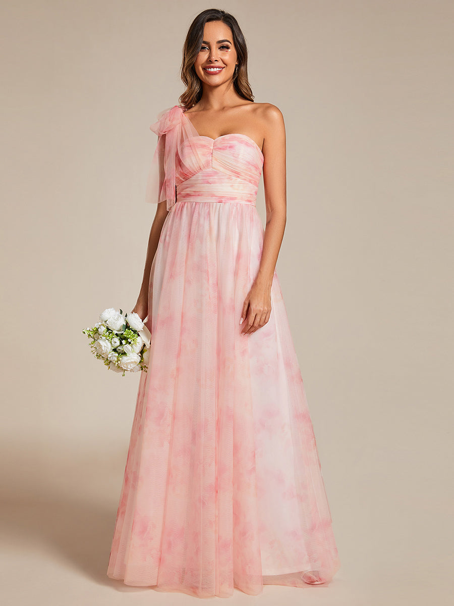 Color=Pink | Printed Bowknot Empire Waist Strapless Formal Evening Dress-Pink