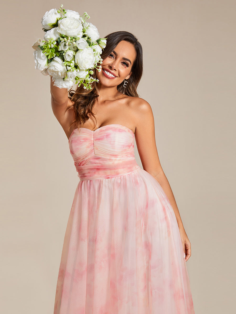 Color=Pink | Printed Bowknot Empire Waist Strapless Formal Evening Dress-Pink