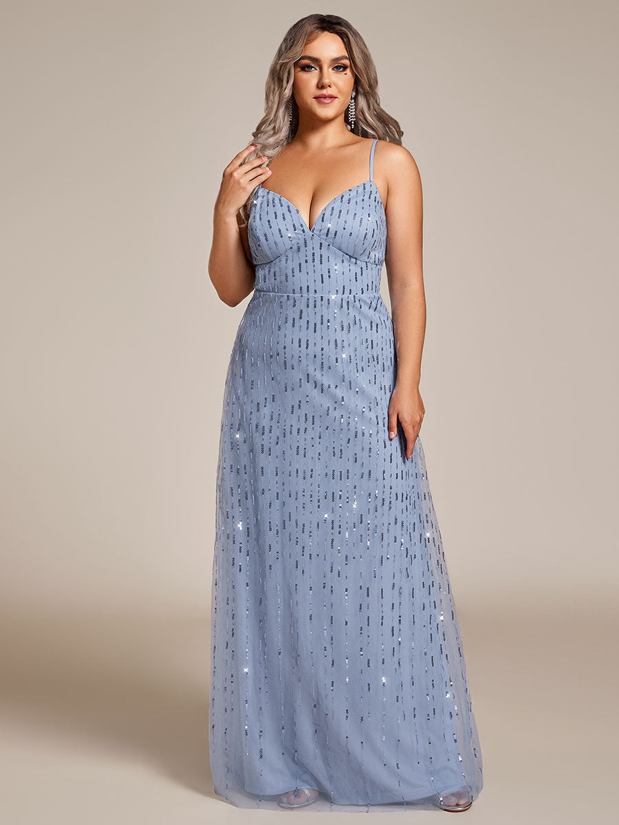Color=Light Blue | Plus Size Maxi Long Tulle Sequin V Neck Spaghetti Straps Bridesmaid Dress -Light Blue 1