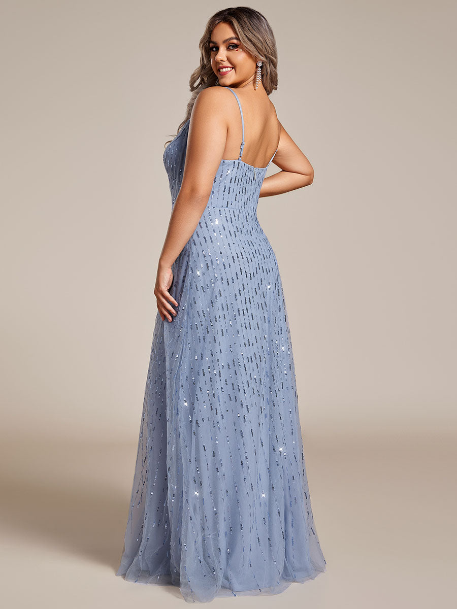 Color=Light Blue | Plus Size Maxi Long Tulle Sequin V Neck Spaghetti Straps Bridesmaid Dress -Light Blue 1