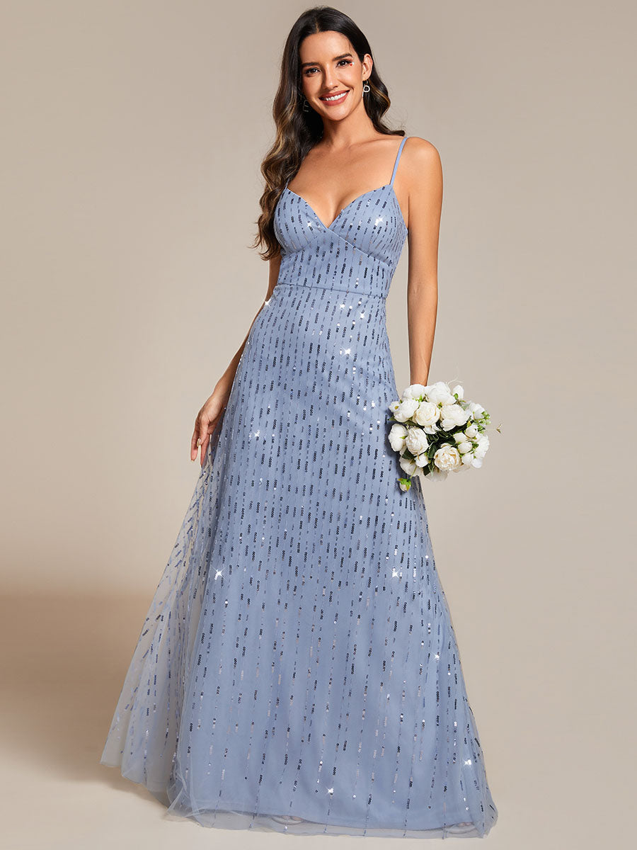 Color=Light Blue | Maxi Long Tulle Sequin V Neck Spaghetti Straps Bridesmaid Dress -Light Blue 1
