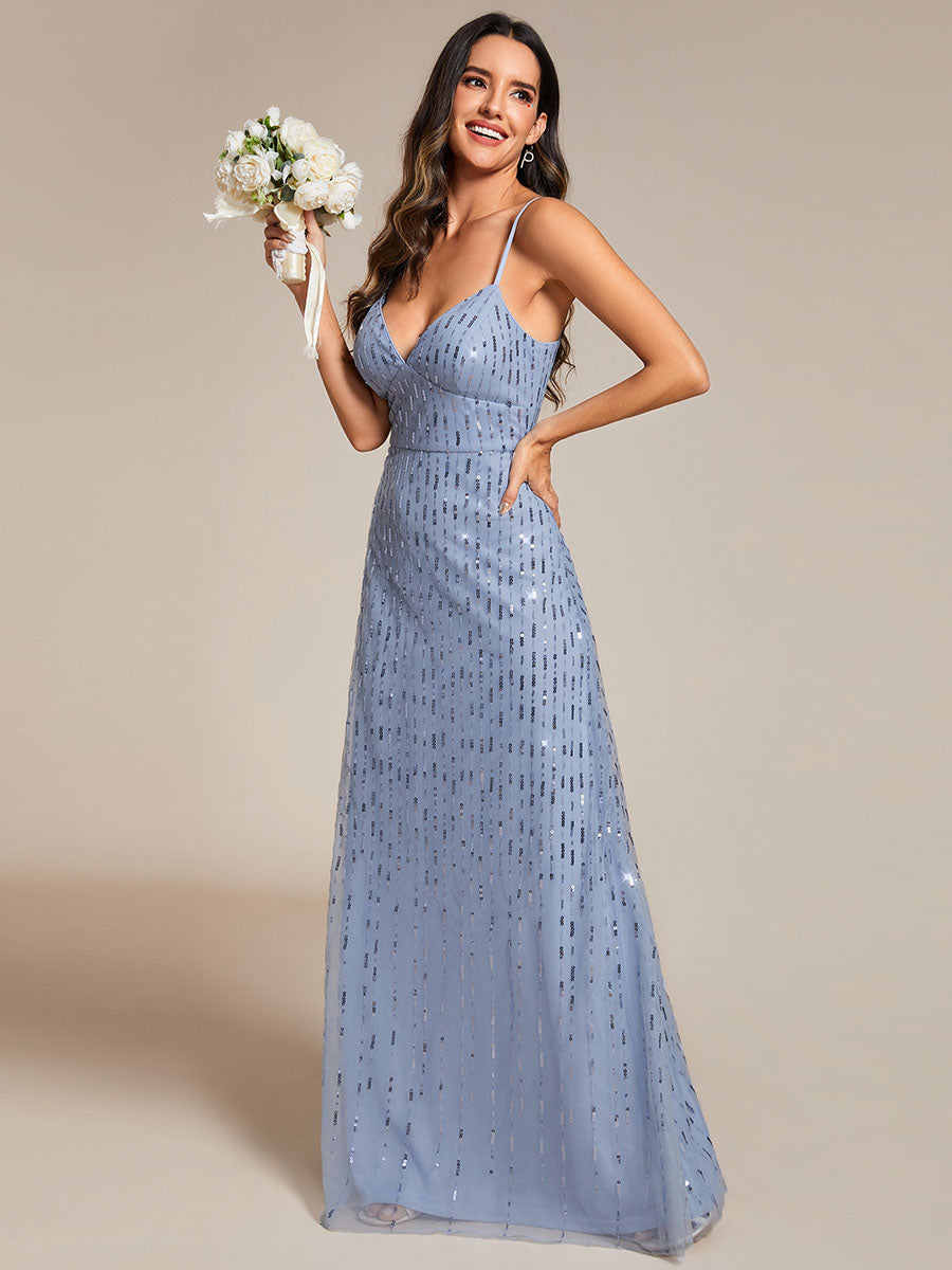 Color=Light Blue | Maxi Long Tulle Sequin V Neck Spaghetti Straps Bridesmaid Dress -Light Blue 1