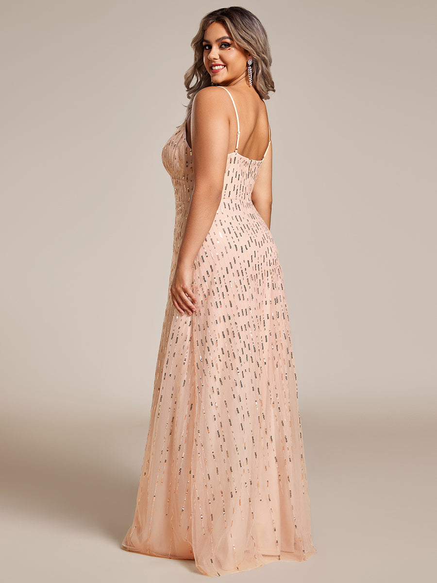 Color=Rose Gold | Plus Size Plus Size Maxi Long Tulle Sequin V Neck Spaghetti Straps Bridesmaid Dress -Rose Gold 1