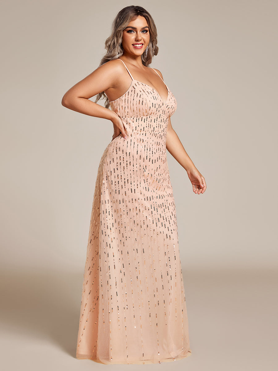 Color=Rose Gold | Plus Size Plus Size Maxi Long Tulle Sequin V Neck Spaghetti Straps Bridesmaid Dress -Rose Gold 1