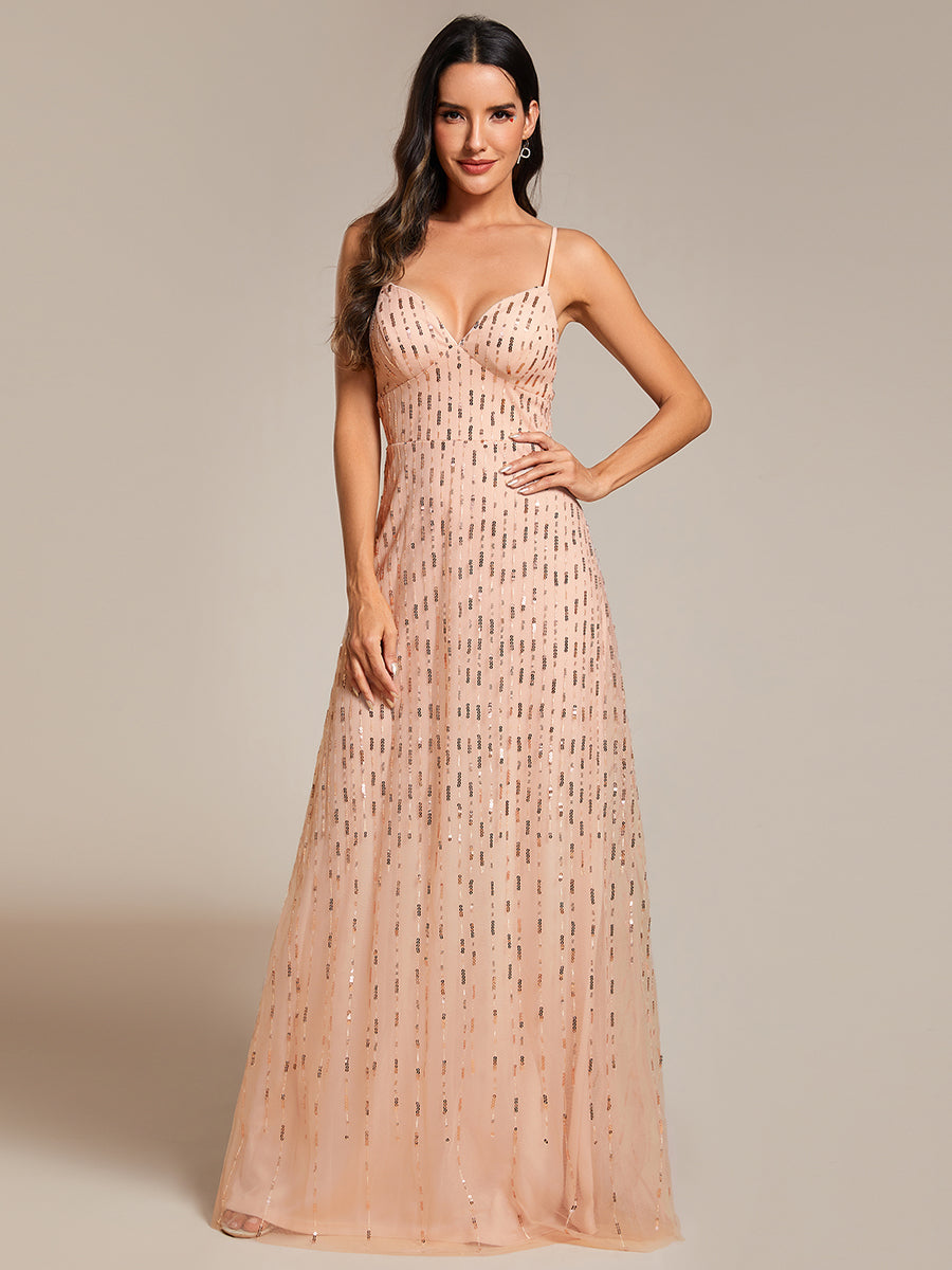 Color=Rose Gold | Maxi Long Tulle Sequin V Neck Spaghetti Straps Bridesmaid Dress -Rose Gold 1
