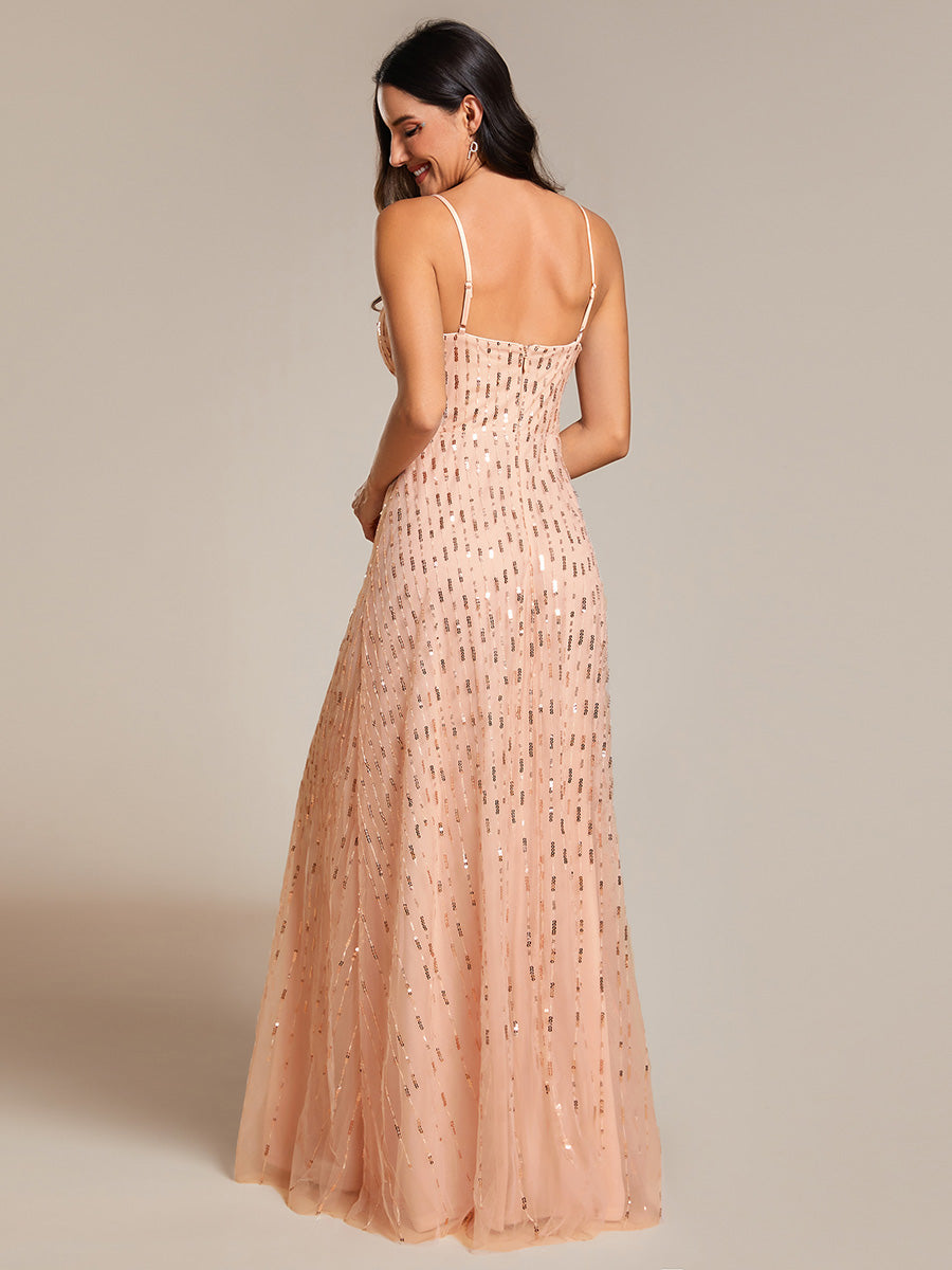 Color=Rose Gold | Maxi Long Tulle Sequin V Neck Spaghetti Straps Bridesmaid Dress -Rose Gold 1