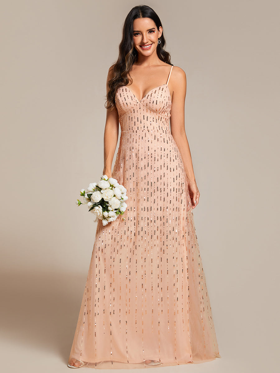 Color=Rose Gold | Maxi Long Tulle Sequin V Neck Spaghetti Straps Bridesmaid Dress -Rose Gold 1