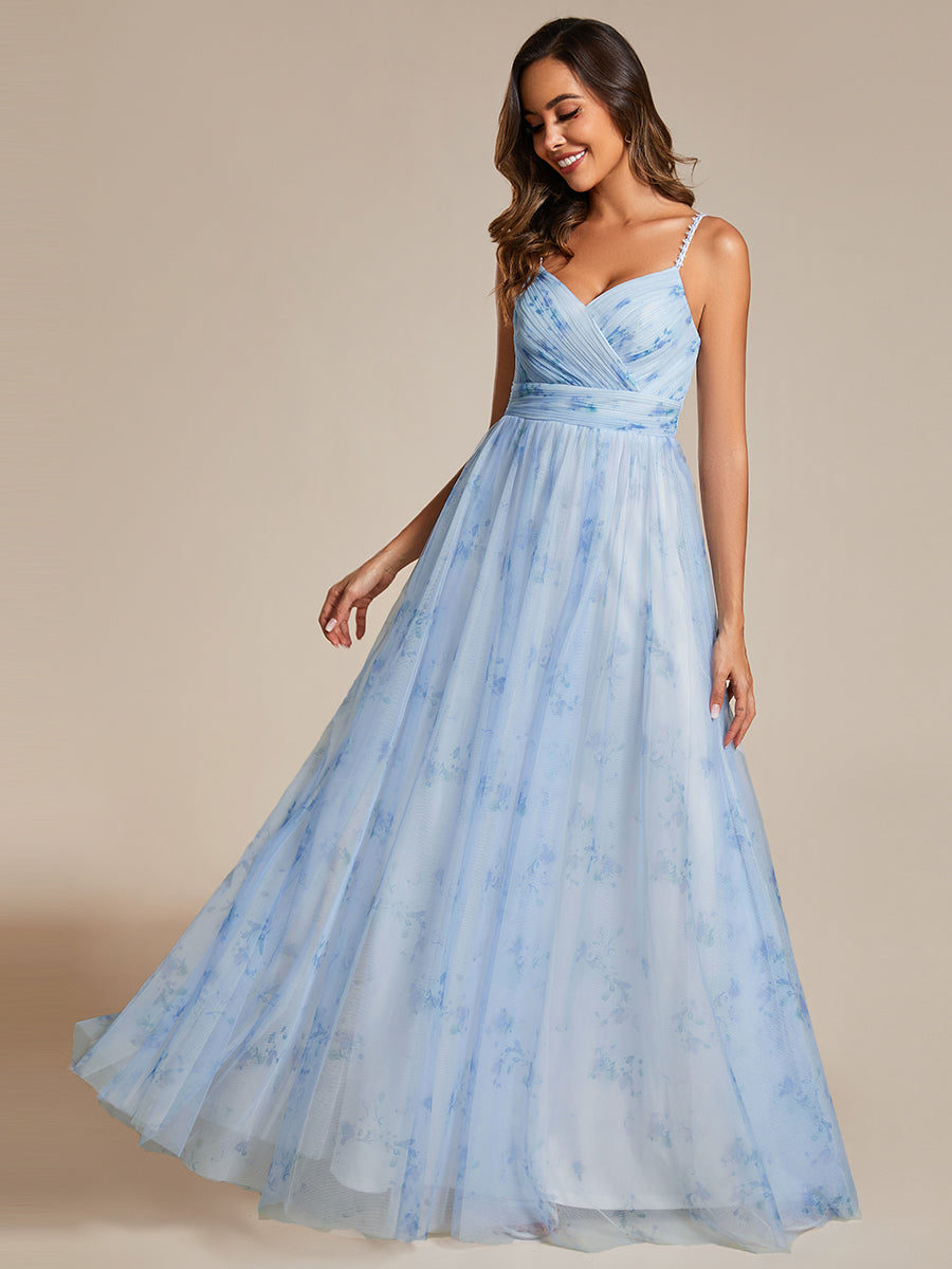 Color=Ice blue | Tulle Floral Printed Spaghetti Strap Evening Dress with V-Neck-Ice blue 2