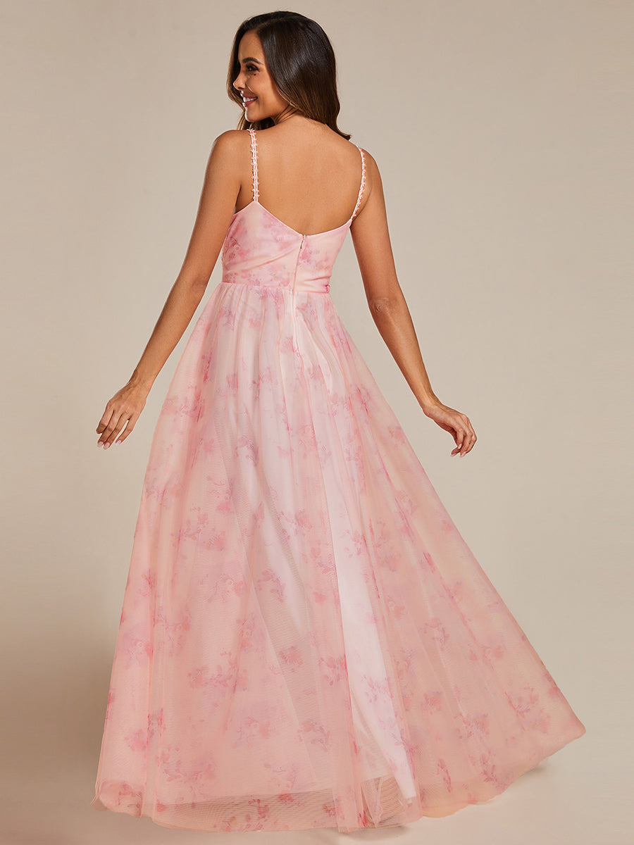 Color=Pink | Tulle Floral Printed Spaghetti Strap Evening Dress with V-Neck-Pink