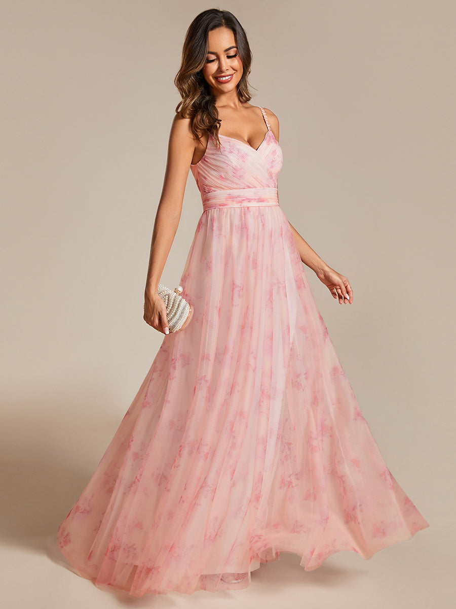 Color=Pink | Tulle Floral Printed Spaghetti Strap Evening Dress with V-Neck-Pink