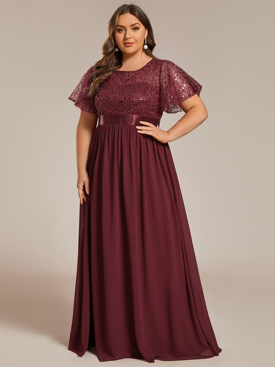 Color=Burgundy | Plus Round-Neck Sequin Chiffon High Waist Formal Evening Dress With Short Sleeves-Burgundy 1