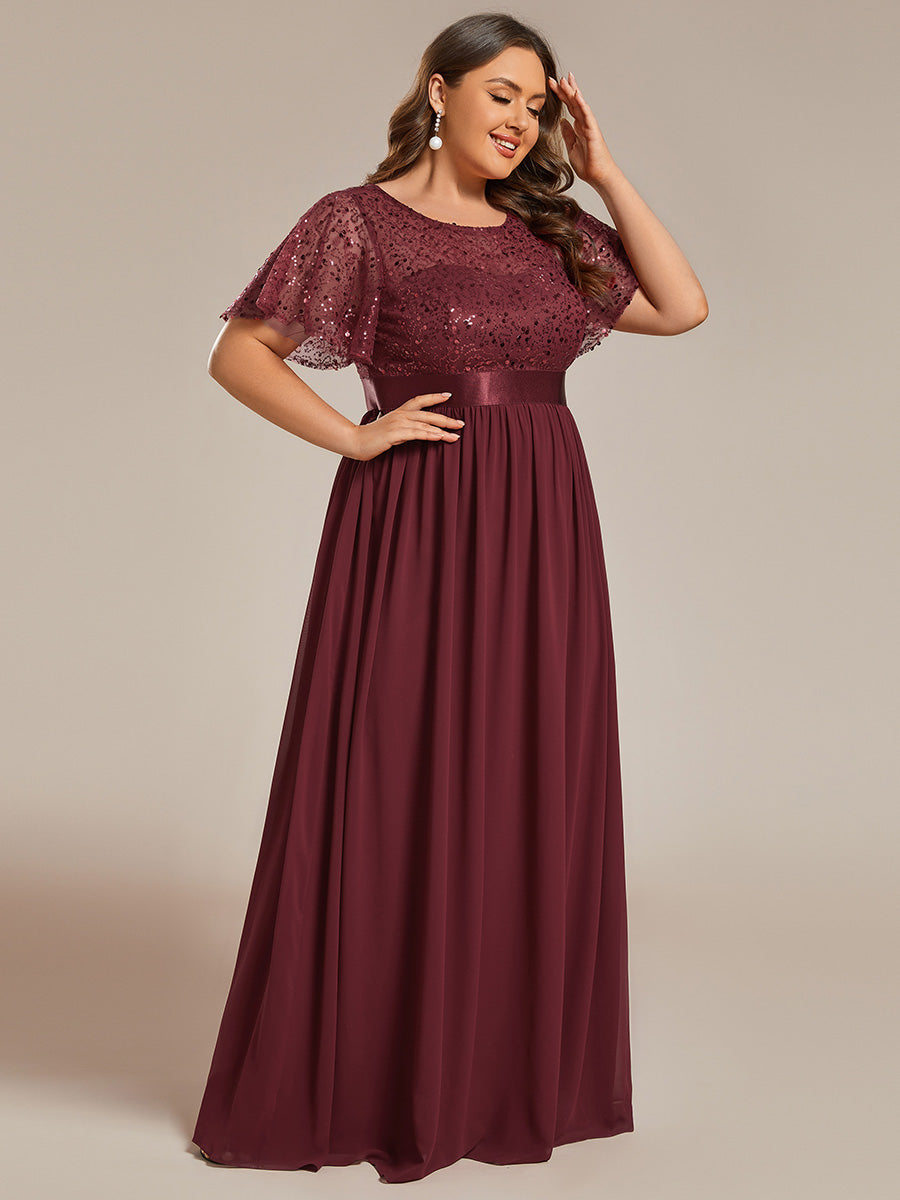 Color=Burgundy | Plus Round-Neck Sequin Chiffon High Waist Formal Evening Dress With Short Sleeves-Burgundy 1