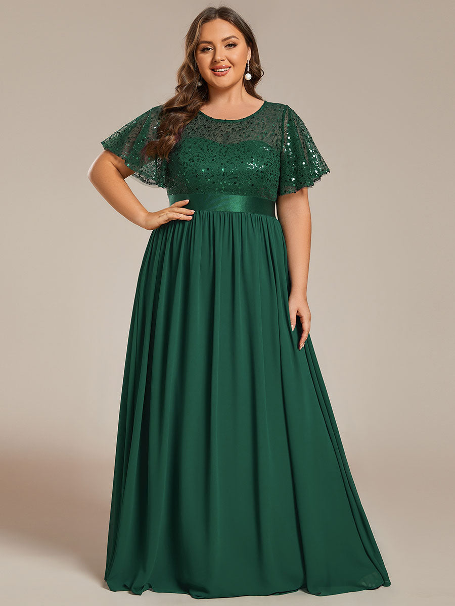 Color=Dark Green | Plus Round-Neck Sequin Chiffon High Waist Formal Evening Dress With Short Sleeves-Dark Green 5