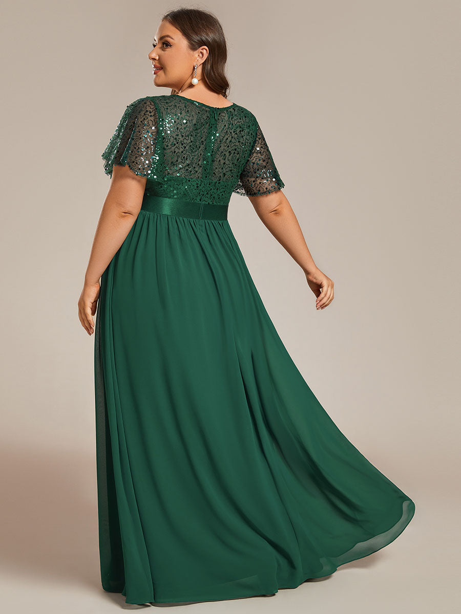 Color=Dark Green | Plus Round-Neck Sequin Chiffon High Waist Formal Evening Dress With Short Sleeves-Dark Green 2