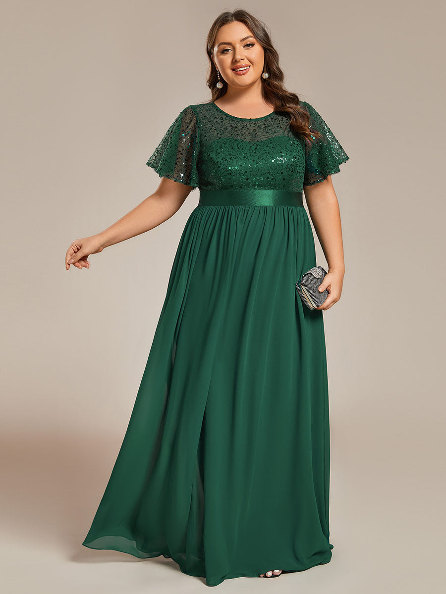 Color=Dark Green | Plus Round-Neck Sequin Chiffon High Waist Formal Evening Dress With Short Sleeves-Dark Green 3