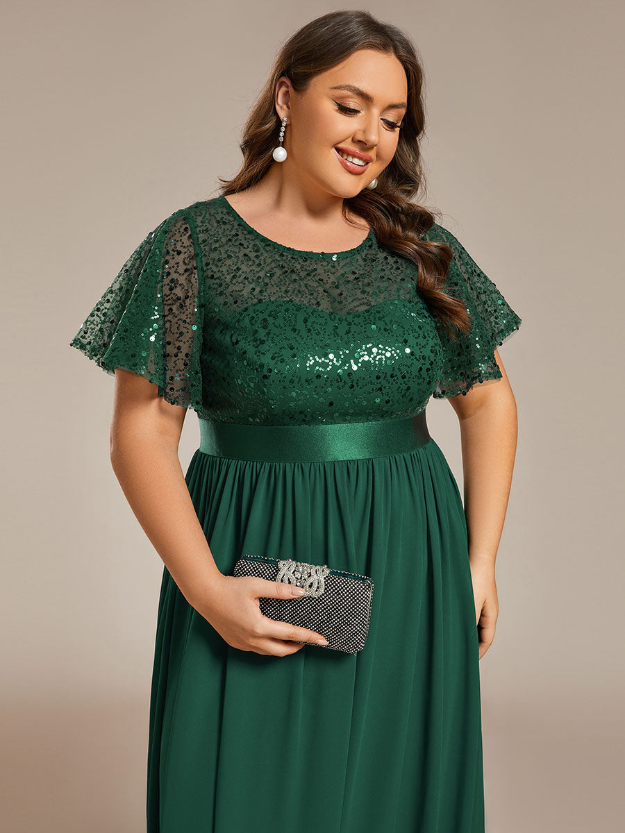 Color=Dark Green | Plus Round-Neck Sequin Chiffon High Waist Formal Evening Dress With Short Sleeves-Dark Green 4