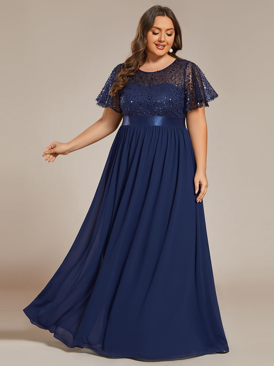 Color=Navy Blue | Plus Round-Neck Sequin Chiffon High Waist Formal Evening Dress With Short Sleeves-Navy Blue 1