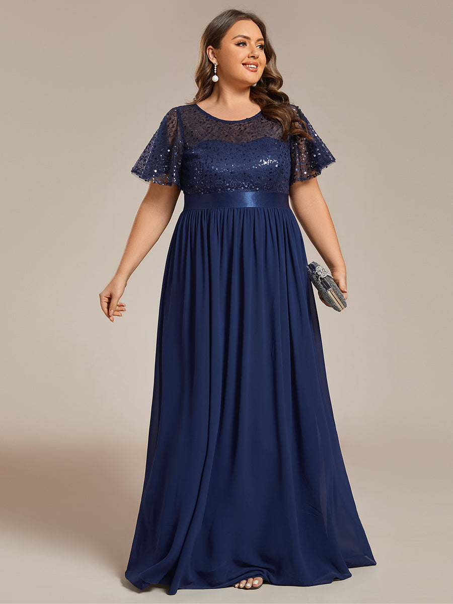 Color=Navy Blue | Plus Round-Neck Sequin Chiffon High Waist Formal Evening Dress With Short Sleeves-Navy Blue 4