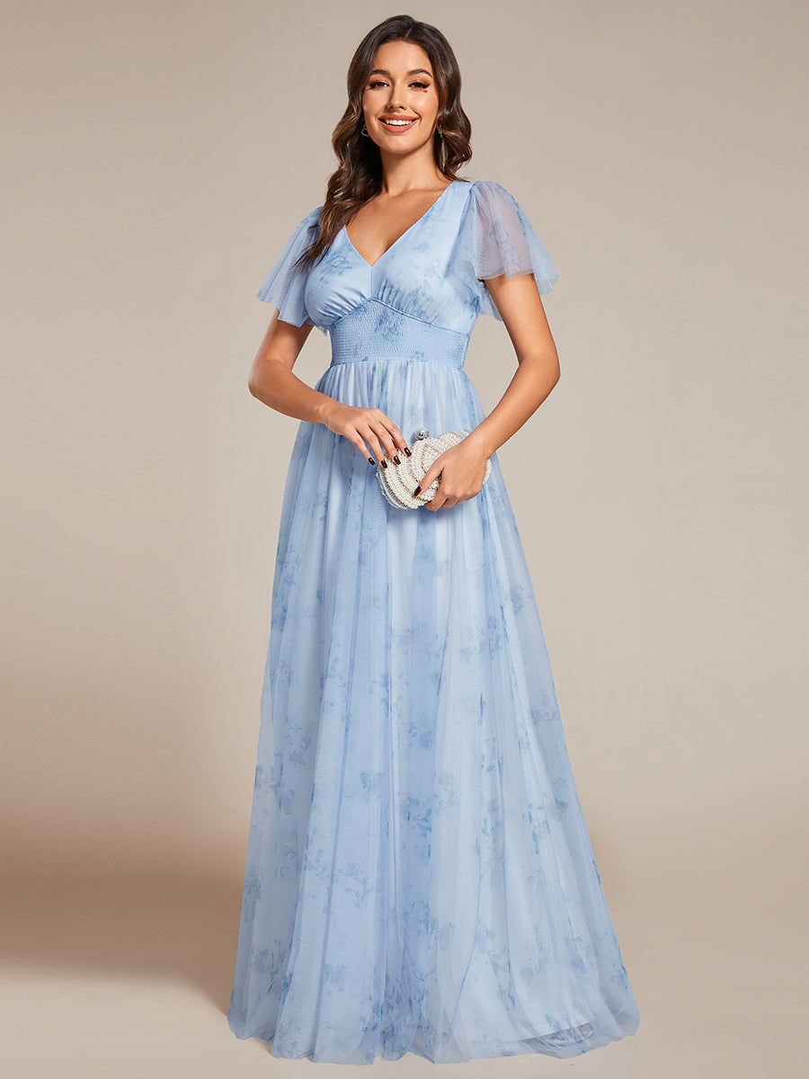 Color=Ice blue | Elegant Printed Floral Tulle V-Neck Short Sleeves Whoelsale Evening Dress-Ice blue 1