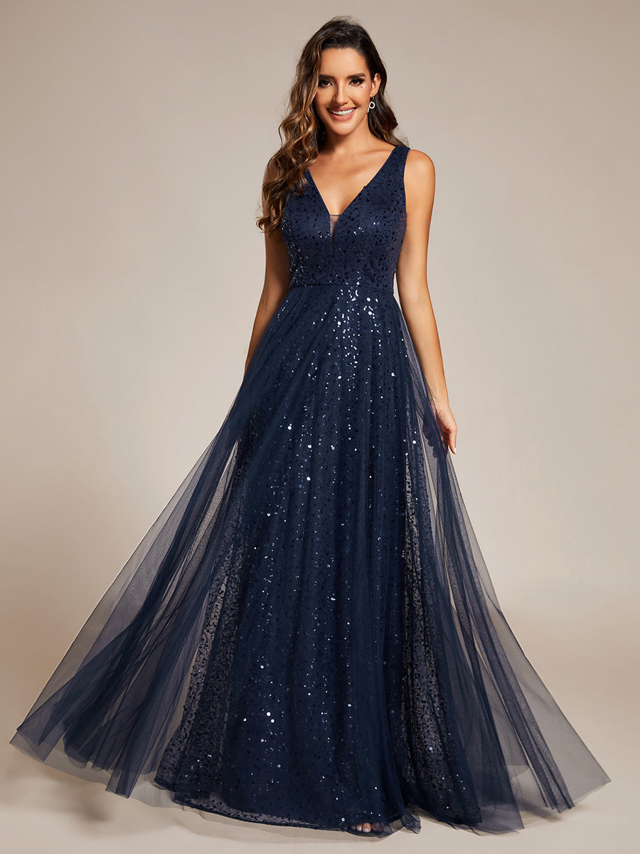 Elegant V-Neck Backless Sequin Evening Dress with Sleeveless Elegant V-Neck Backless Sequin Evening Dress with Sleeveless