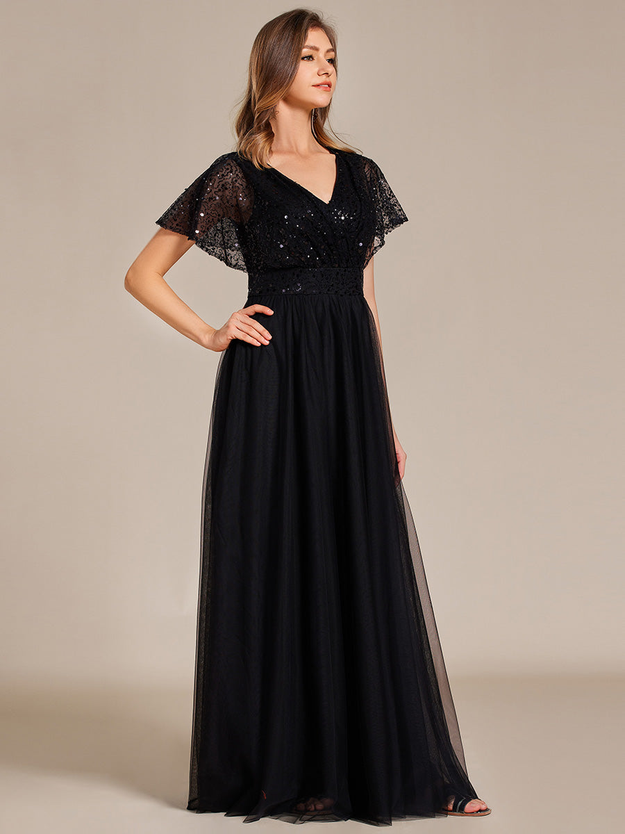 Color=Black | Elegant V Neck Ruffles Sleeve A-Line Empire Waist Tulle Dresses with Paillette-Black 3